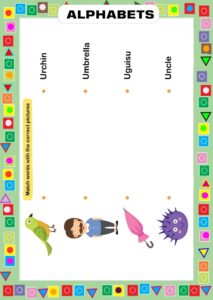 Tracing Alphabet U - Matching Words with Images Worksheet