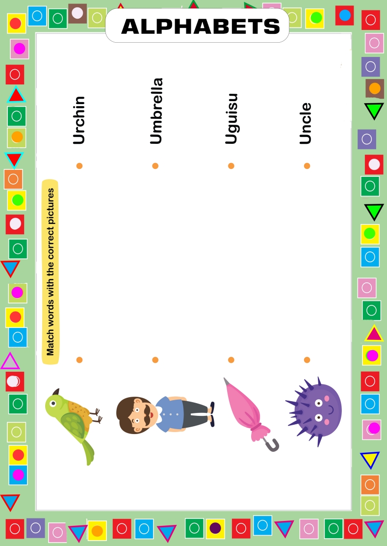 Tracing Alphabet U - Matching Words with Images Worksheet